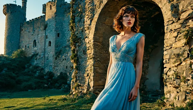 beautiful young lady (milha Jovovich), (22 anos), light cerulean blue long dress, de corpo inteiro,  em um mundo de fantazia castelo nas nuvesn por do sol com unicornil
