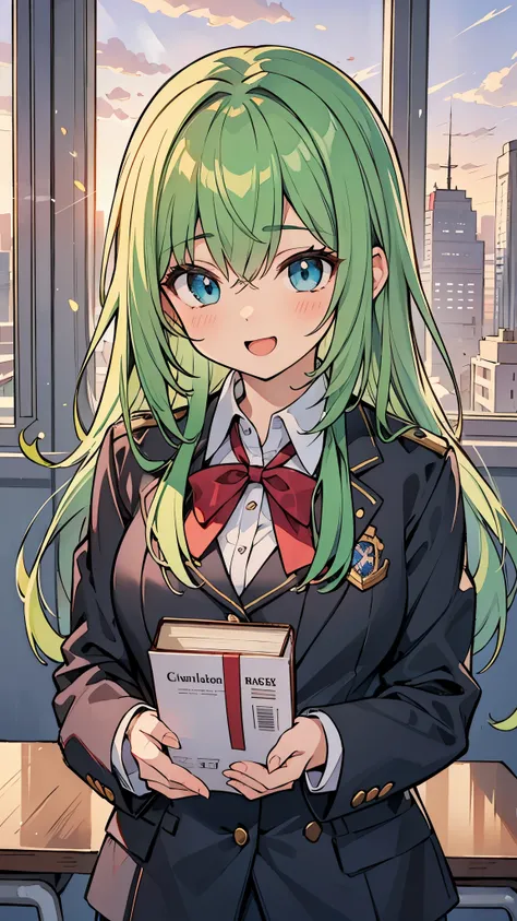 ((Pretty High School girl with green hair and blue eyes)), ((wearing black blazer uniform)), red ribbon,  face, ((master piece, top-quality, ultra-definition, high resolution)), anime girl, ((ultra-detailed illust:1.2)), only one person, bangs, hair betwee...