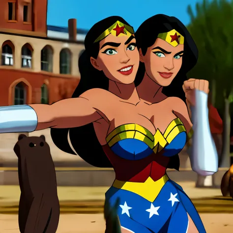 ((2heads)),conjoined dicephalus,masterpiece， Best quality at best， 1girl， Wonder Woman， Large breasts，（cleavage)，（upperbody closeup)，Raised sexy，is shy，smile， long flowing hair， （Green eyeballs:1.4)， the city building, busty figure, wonder woman uniform, w...