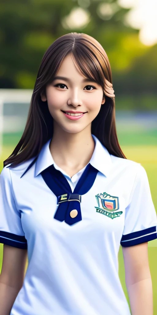 neat college girl, , (school uniform, summer clothes, short sleeves), outside the athletic field, (slim), photorealistic, detail, skin texture, ultra detail, delicate sexy collarbone, smile, super detailed face, detailed lips, detailed eyes, breast enhance...