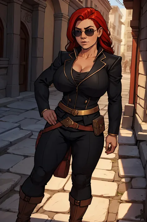 busty redheaded dwarven female with a black governmental suit and aviators