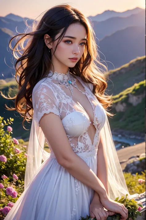 A beautiful woman stood atop a rocky outcropping,  Her hair was swept up in loose curls that tumbled down her back, a subtle hint of makeup accentuated her high cheekbones, full lips, and flawless complexion. As she turned to face the camera, a soft smile ...