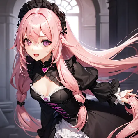 1 girl,Depps Sense,confused,catch light,Super beautiful illustration,(pink hair,long hairstyles:1.3),turn around,eye shadow,(black clothes,Gothic Lolita),Upper body,;d,beautiful and delicate flowing hair,(delicate and detailed purple eyes),emphasized chest