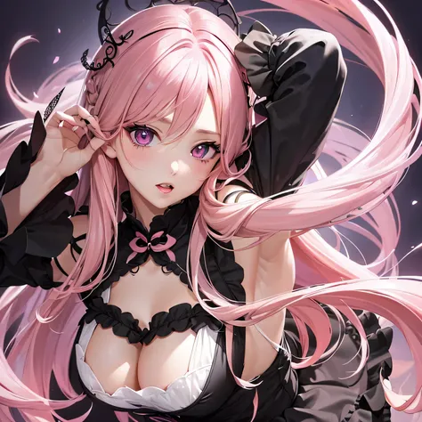 1 girl,Depps Sense,confused,catch light,Super beautiful illustration,(pink hair,long hairstyles:1.3),turn around,eye shadow,(black clothes,Gothic Lolita),Upper body,;d,beautiful and delicate flowing hair,(delicate and detailed purple eyes),emphasized chest