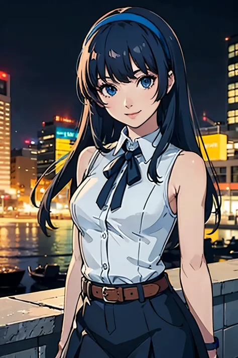 (best quality,4k,8k,highres,masterpiece:1.2), ultra-detailed, {{1girl}}, navy blue hair, blue eyes, long hair, straight hair, bangs, skinny, small breasts, beautiful detailed eyes, detailed face, smile, hairband, sleeveless, collared shirt, miniskirt, belt...