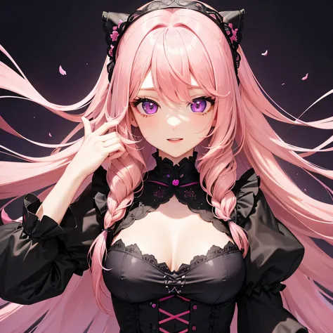 1 girl,Depps Sense,confused,catch light,Super beautiful illustration,(pink hair,long hairstyles:1.3),turn around,eye shadow,(black clothes,Gothic Lolita),Upper body,;d,beautiful and delicate flowing hair,(delicate and detailed purple eyes),emphasized chest