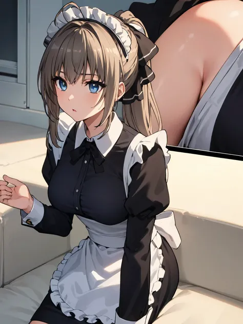 SentoIsuzu,brown hair, brown eyes, long hair, antenna hair, ponytail, hair bow,large breast, BREAK (maid headdress, maid, long sleeves, collared shirt, black shirt, maid apron:1.2), BREAK Seated, Expressionless, Hu Sitting, Gravure Idol, Pimp Pans, BREAK o...