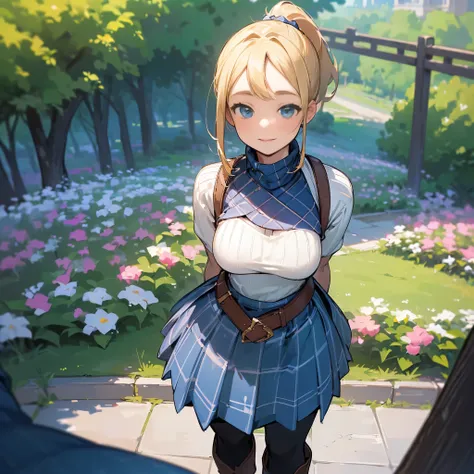 (high quality, high resolution, Super detailed, Reality:1.37), peaceful atmosphere, (outdoor, garden), Teenage girl standing alone, (My breasts are big.), Beautiful detailed features, cute smile, (Blonde ponytail), ribbed sweater, blue plaid skirt, Black t...