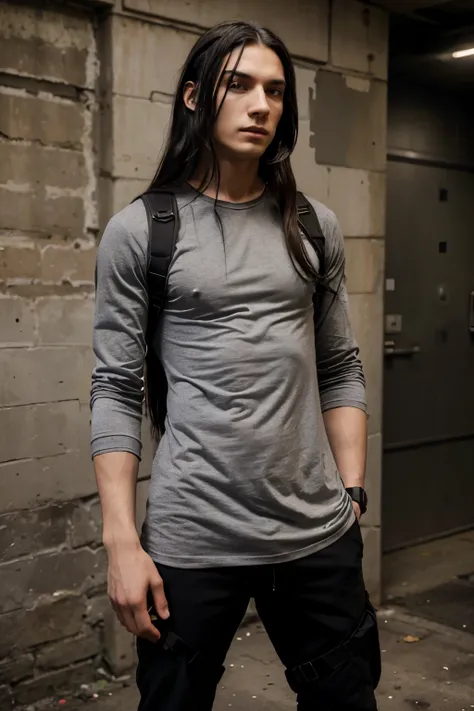 british young man,black haired man,young man,19 years old,long hair,long straight hair,dystopian urban settin,grey t-shirt,skinny body,the matrix style,tactical shoulder holster,tactical gears