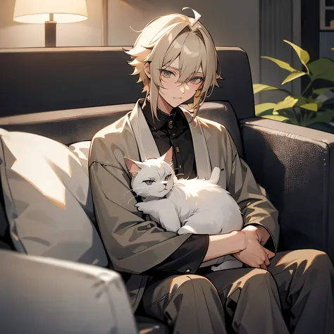 nighttime, evening, midnight, (ashy greyish blonde hair,)(grey eyes), anime male, catboy, fluffy hair, couch, cuddly, in love