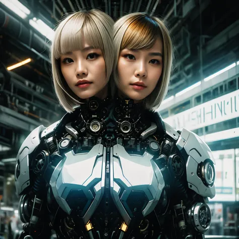 best resolution, 2heads, asian cyborg woman with two heads, pixie cut, ponytail, blonde hair, futuristic jacket, mechanical back...