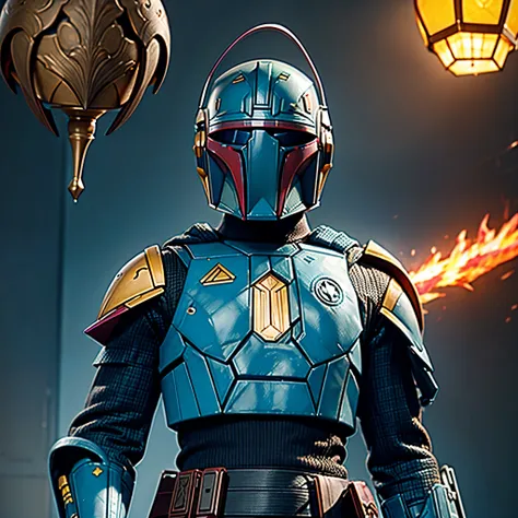 star wars bounty hunter bobafett a closeup of a boba fett with a sword and helmet, arcane armor reflection boba fett, boba fett,...