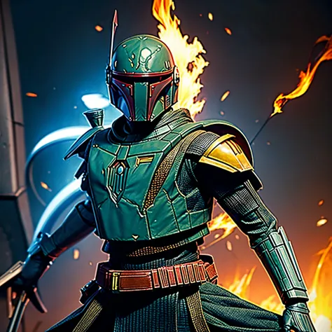 star wars bounty hunter bobafett a closeup of a boba fett with a sword and helmet, arcane armor reflection boba fett, boba fett,...