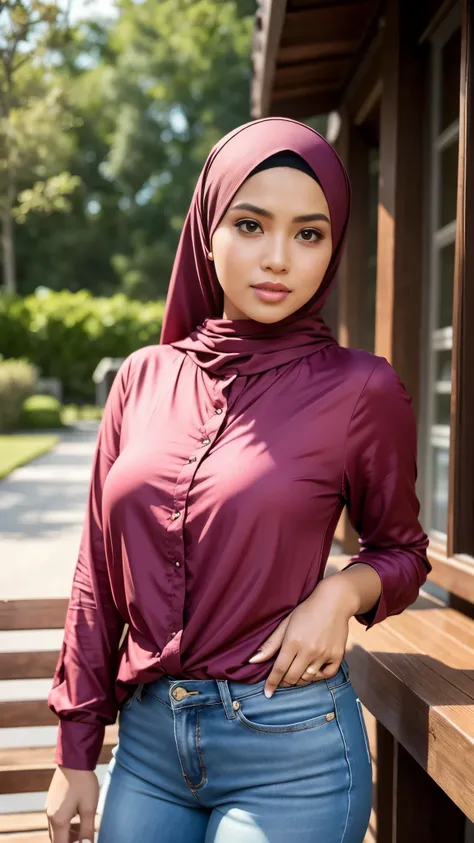 RAW, Best quality, high resolution, masterpiece: 1.3), Beautiful Malay woman in hijab, Masterpiece, perfect fit body, Big breasts, beautiful big eyes, Soft smile, facial details, beautiful face, thick thighs, close up, women wearing a long red blouse top a...