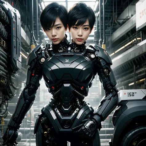 best resolution, 2heads, korean cyborg woman with two heads, pixie cut, ponytail, blonde hair, black hair, mechanical background