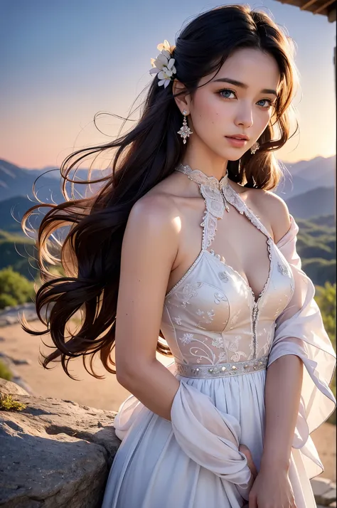 A beautiful woman stood atop a rocky outcropping,  Her hair was swept up in loose curls that tumbled down her back, a subtle hint of makeup accentuated her high cheekbones, full lips, and flawless complexion. As she turned to face the camera, a soft smile ...