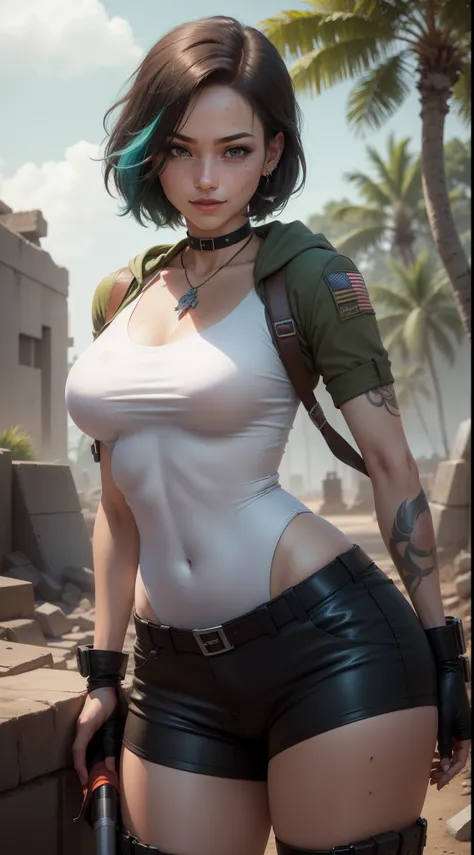 gwen tennyson,yorha 2b,android 18,lara croft,overwatch,tomb raider,close up, amazonian jungle ruins,tattoos,white and orange plugsuit,white short sleeve military leotard,sleeveless military hoodie,tight cargo shorts,military harness,short hair,punk makeup,...