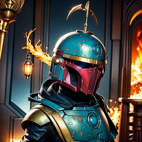 star wars bounty hunter bobafett a closeup of a boba fett with a sword and helmet, arcane armor reflection boba fett, boba fett,...