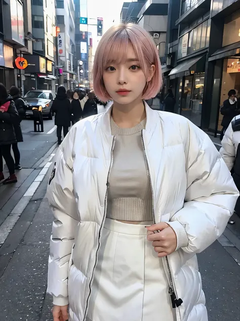 (((wearing big size white Down jacket ))), wearing long white skirt,// Bewitching eyes, well-balanced eyes, //street snap // ((facing viewer)), //at the street in tokyo, //japanese lady, pale skin, //droopy eyes,//short pink hair, //((standing)), high qual...