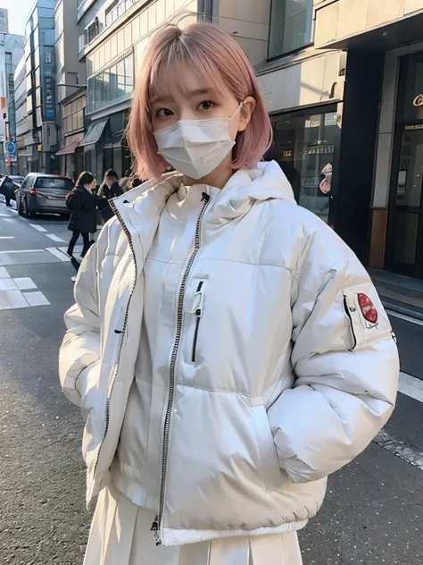 High quality, Ultra detailed, best quality, insanely detailed, beautiful, masterpiece//(((wearing nothface white Down jacket ))), wearing long white skirt,// Bewitching eyes, well-balanced eyes, //street snap // ((facing viewer)), //at the street in tokyo,...