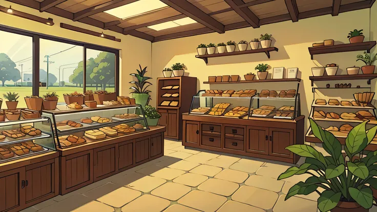 interior bakery, algumas plantas, ensolarado