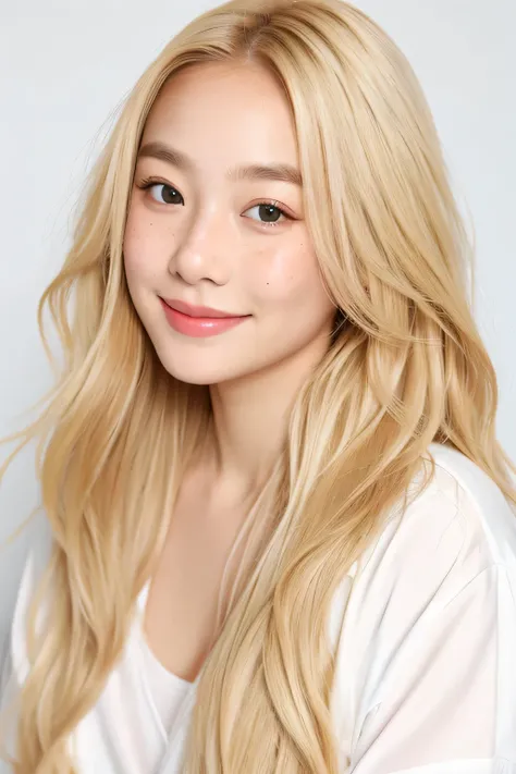 realistic portrait photo of beautiful woman with blonde hair, hair roots slightly faded, Malaysian, influencer, light freckles, brown eyes, street fashion, smiling, no makeup, Instagram