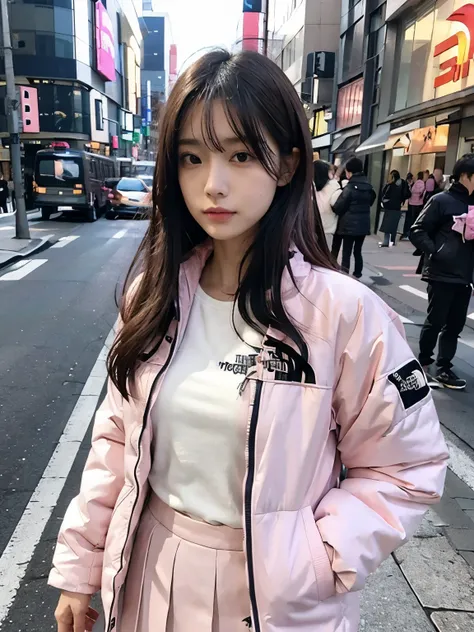 (((wearing THE NORTH FACE pink Down jacket ))), wearing long pink skirt,// Bewitching eyes, well-balanced eyes, //street snap // ((facing viewer)), //at the street in tokyo, //japanese lady, pale skin, //droopy eyes,//permanent wave hair, //((standing)), h...