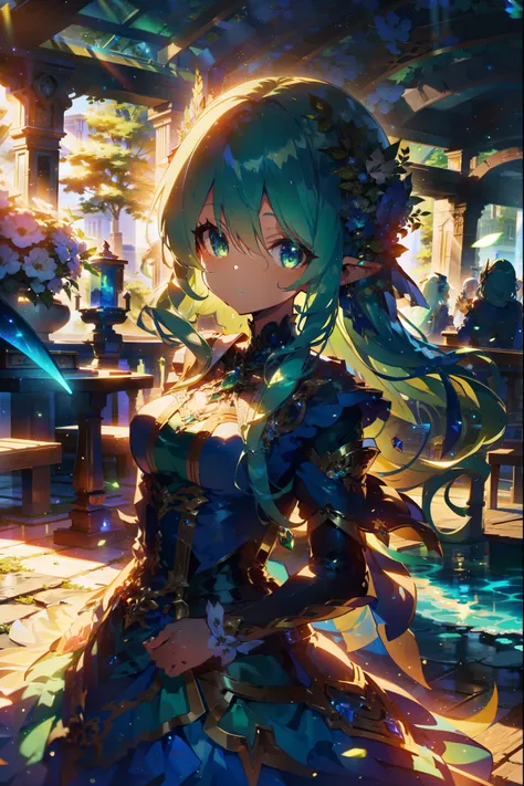 anime - style image of a woman in a blue dress with green hair, elf girl, detailed digital anime art, extremely detailed artgerm, artgerm on artstation pixiv, 2. 5 d cgi anime fantasy artwork, blue elf, 8k high quality detailed art, fanart best artstation,...