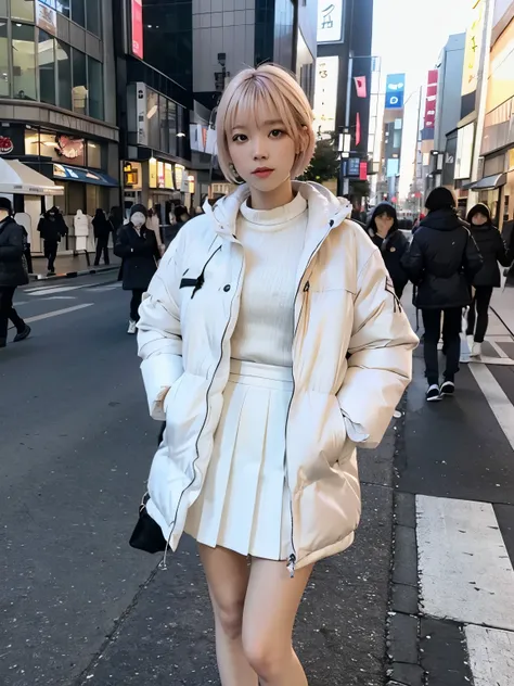 fullbody, (((wearing big  white Down jacket ))), wearing long white skirt,// Bewitching eyes, well-balanced eyes, //street snap // ((facing viewer)), //at the street in tokyo, //japanese lady, pale skin, //droopy eyes,//pink short hair, //((standing)), hig...