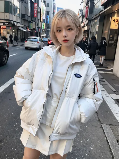 fullbody, (((wearing big  white Down jacket ))), wearing long white skirt,// Bewitching eyes, well-balanced eyes, //street snap // ((facing viewer)), //at the street in tokyo, //japanese lady, pale skin, //droopy eyes,//pink short hair, //((standing)), hig...