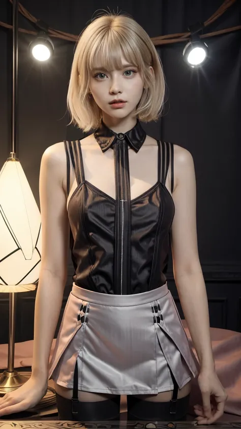 (super detailed eyes), (((Textile shading))), (((best quality))), (((on the table))), (((Super detailed CG))), fashionable girl, (((magic ))), (), (small breasts), Long blonde hair with bangs, Weird haircuts, ((Gorgeous hair)), pink eyes, (((Skeleton style...