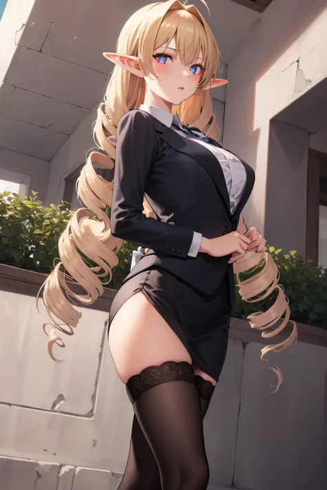 1girl, elinalise, elf, pointy ears, red eyes, blonde hair, hair drills,medium breast,
BREAK wearing business suit, pinstripe pattern, collared shirt, pencil skirt,
BREAK looking at viewer, The upper part of the body，standing on your feet，
BREAK Garden back...