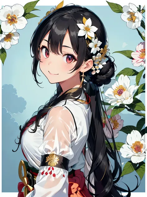 (black hair:1.2),(long hair with curls:1.3),(hair tied up loosely:1.25),(All together:1.3),(black eye:1.4),(Eye size:1.5),(Accessories with flower motifs:1.3),((Okinawan traditional fashion:1.4)),(sheer sleeve:1.4),(Fluffy skirt:1.35),(Background full of b...