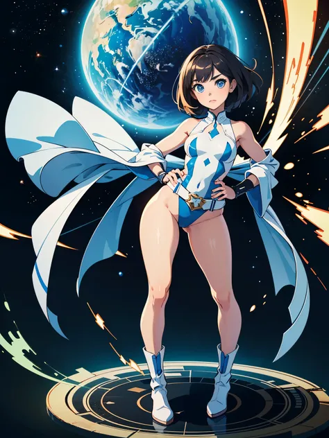 (((pixel-perfect, detail-perfect))), 1girl, superhero, leotard, highleg leotard, bare legs, boots, standing, solo focus, golden belt, hands on hip, full body shot, outer space, sleeveless, ultra highres, absurdres, beautiful face, detailed eyes, symmetric ...