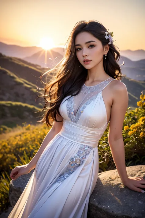 A beautiful woman stood atop a rocky outcropping,  Her hair was swept up in loose curls that tumbled down her back, a subtle hint of makeup accentuated her high cheekbones, full lips, and flawless complexion. As she turned to face the camera, a soft smile ...