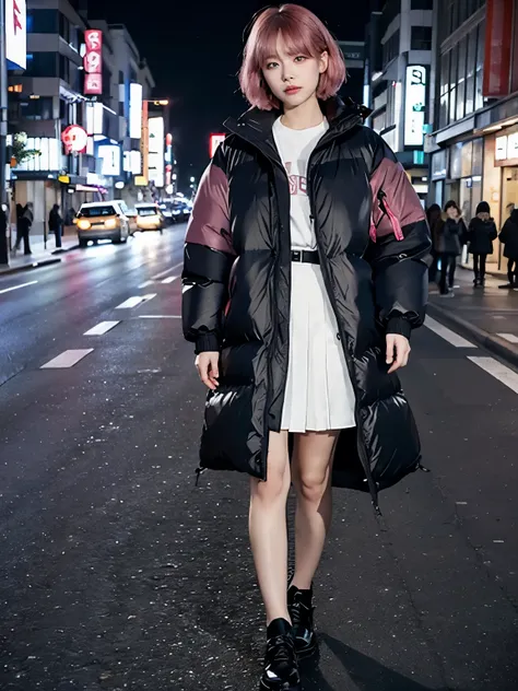 fullbody, (((wearing big Down jacket ))), wearing long skirt,// Bewitching eyes, well-balanced eyes, //street snap // ((facing viewer)), //at the street in tokyo, //japanese lady, pale skin, //droopy eyes,//short pink hair, //((standing)), high quality:1.3...