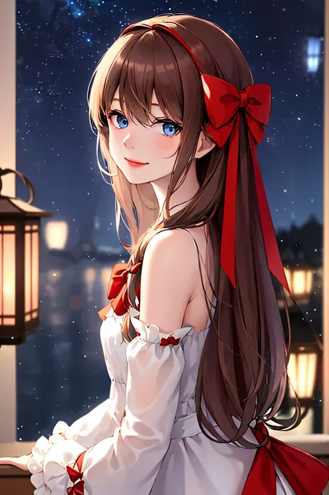 (extremely delicate and beautiful:1.2),1girl,fashi-girl, bangs, blue eyes, blurry, blurry background, bow, brown hair, closed mouth, from side, hair between eyes, hair bow, lantern, light particles, long sleeves, looking at viewer, medium hair, night, red ...