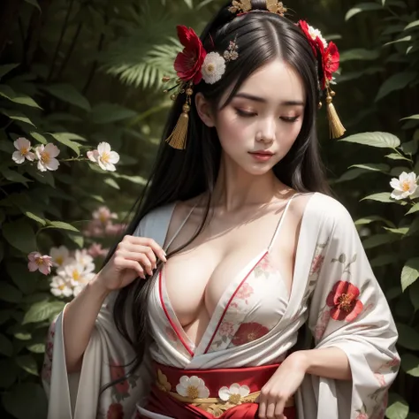 A beautiful geisha with flowing black hair, with a flower on her head, with silky skin, full breasts, full lips, with eyes closed, wearing a low-cut white kimono with flower details, with a red corset decorated with flowers, posing very beautifully in a fo...