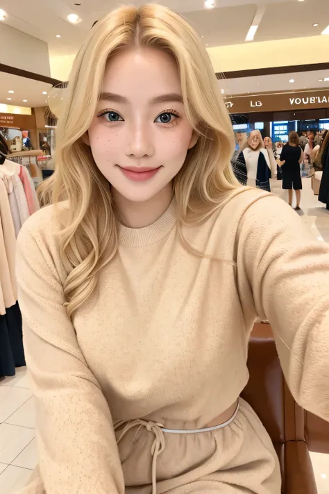 ultra realistic photo of 22 year old beautiful woman with blonde hair, hair roots slightly faded, Malaysian, influencer, light freckles, brown eyes, comfy clothes, shopping mall, smiling, no makeup, selfie shot, waist-up shot