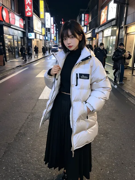 fullbody, (((wearing big Down jacket ))), wearing long skirt,// Bewitching eyes, well-balanced eyes, //street snap // ((facing viewer)), //at the street in tokyo, //japanese lady, pale skin, //permanent wave, short hair, //((standing)), high quality:1.3, P...