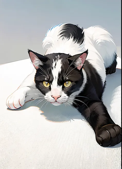 Black and white cat lying down, looking forward, full body, no background.