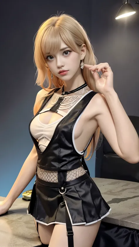 (super detailed eyes), (((Textile shading))), (((best quality))), (((on the table))), (((Super detailed CG))), fashionable girl, (((magic ))), (), (small breasts), Long blonde hair with bangs, Weird haircuts, ((Gorgeous hair)), pink eyes, (((Skeleton style...