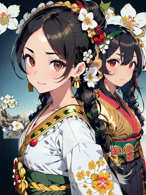 (black hair:1.2),(long hair with curls:1.3),(hair tied up loosely:1.25),(All together:1.3),(black eye:1.4),(Eye size:1.5),(Accessories with flower motifs:1.3),((Okinawan traditional fashion:1.4)),(Background full of blooming flowers:1.5),(blush),(upward gl...