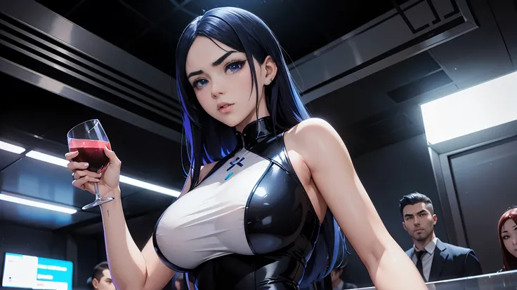 cool synthwave anime girl , dark blue hair , blue eyes , rainy time , underground dance club , whole body shot, big brest, (Perfect thick white eyebrows) Delicate fur, 详细s face, s the perfect face, At a in an underground dance club , (Drink a glass of wine...