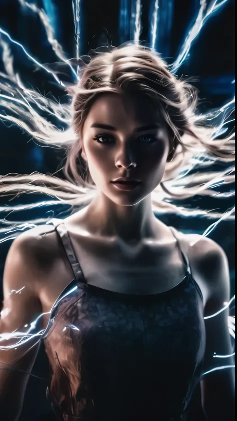 a close up of a woman with a very long hair, splashes of lightning behind her, light effect. modern fantasy, glowwave girl portrait, electrified hair, realistic digital art 4k, realistic digital art 4 k, electric woman, she is attracting lightnings, highly...