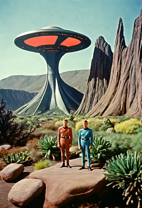 crew of an old starship from a 1960s tv series on a rustic, picturesque planet, lost in space, with scenic plants and rocks, rep...