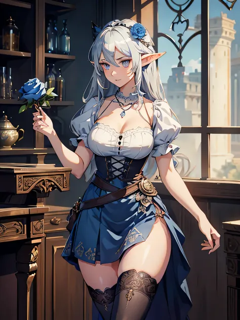 masterpiece, high quality, 1_woman, (full body), looking away viewer, mature, tall, beautiful, exotic, long elf ears, platinum b...