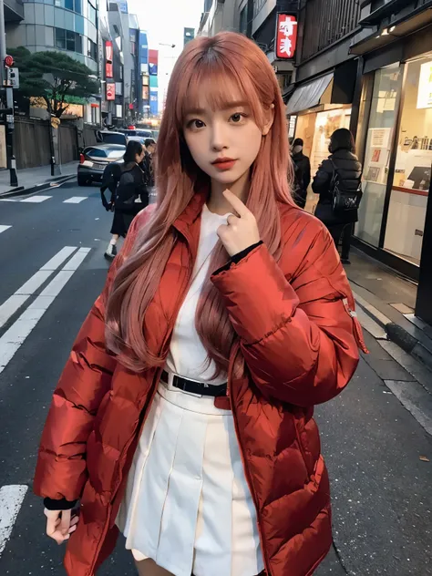 fullbody, (((wearing big red Down jacket ))), wearing long red skirt,// Bewitching eyes, well-balanced eyes, //street snap // ((facing viewer)), //at the street in tokyo, //japanese lady, pale skin, //permanent wave, pink hair, //((standing)), high quality...