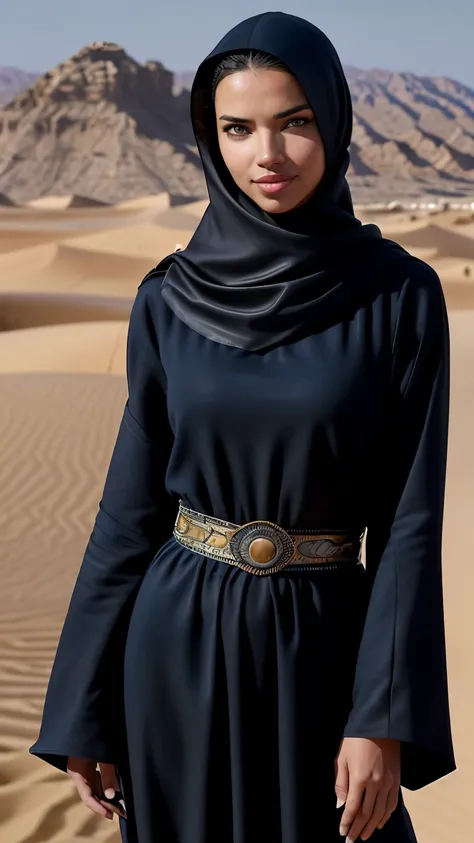 Foto hiperrealista en primer plano de Adriana Lima, Create dystopian masterpieces. in a full cover bedouin bedouin costume (navy long tunic) on the desert, beautiful woman, skinny, medium breasts, black short hair, detailed face, smile, facing the camera, ...