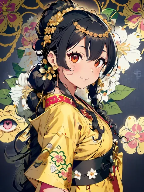 (black hair:1.2),(long hair with curls:1.3),(hair tied up loosely:1.25),(All together:1.3),(black eye:1.4),(Eye size:1.5),(Accessories with flower motifs:1.3),((Okinawan traditional fashion:1.4)),(Background full of blooming flowers:1.5),(blush),(upward gl...